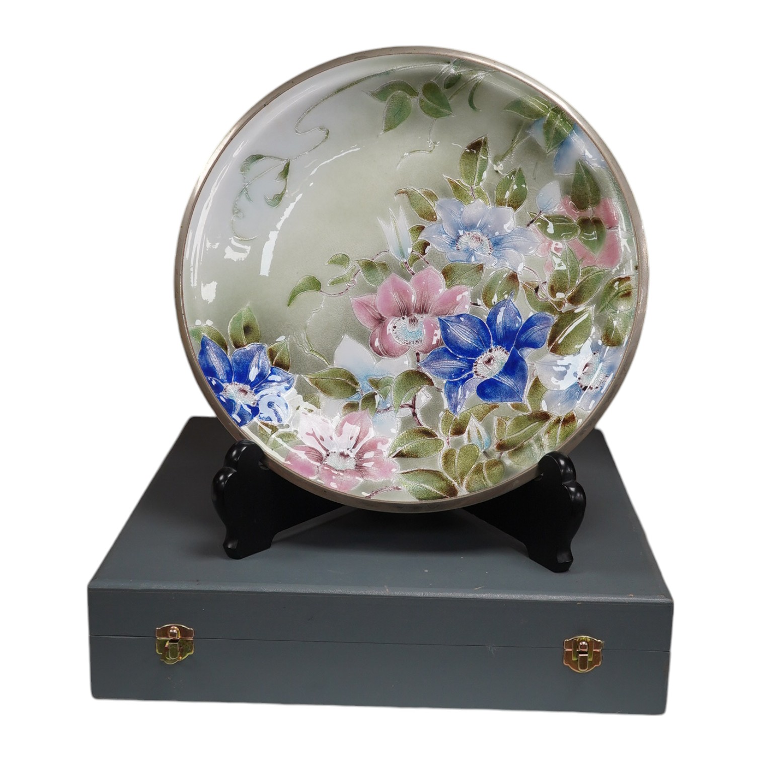 An Ando Ginbari enamel floral decorated dish, cased, 35,5cm., Condition - good